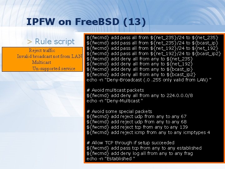 IPFW on Free. BSD (13) > Rule script Reject traffic Invalid broadcast not from IPFW on Free. BSD (13) > Rule script Reject traffic Invalid broadcast not from