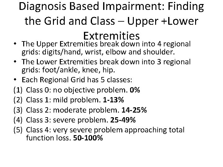 Diagnosis Based Impairment: Finding the Grid and Class – Upper +Lower Extremities • The Diagnosis Based Impairment: Finding the Grid and Class – Upper +Lower Extremities • The