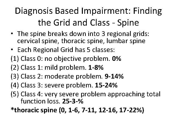 Diagnosis Based Impairment: Finding the Grid and Class - Spine • The spine breaks Diagnosis Based Impairment: Finding the Grid and Class - Spine • The spine breaks
