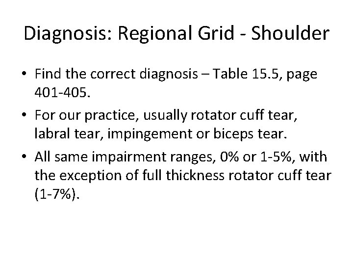 Diagnosis: Regional Grid - Shoulder • Find the correct diagnosis – Table 15. 5, Diagnosis: Regional Grid - Shoulder • Find the correct diagnosis – Table 15. 5,