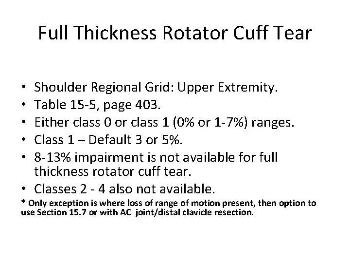 Full Thickness Rotator Cuff Tear Shoulder Regional Grid: Upper Extremity. Table 15 -5, page Full Thickness Rotator Cuff Tear Shoulder Regional Grid: Upper Extremity. Table 15 -5, page