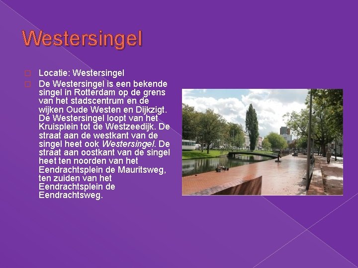 Westersingel � � Locatie: Westersingel De Westersingel is een bekende singel in Rotterdam op Westersingel � � Locatie: Westersingel De Westersingel is een bekende singel in Rotterdam op