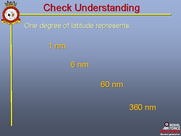 Check Understanding One degree of latitude represents: 1 nm 60 nm 360 nm 