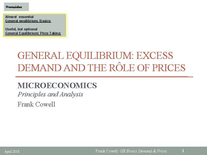 Prerequisites Almost essential General equilibrium: Basics Useful, but optional General Equilibrium: Price Taking GENERAL