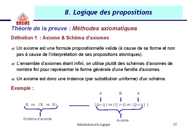 II. Logique des propositions Théorie de la preuve : Méthodes axiomatiques Définition 1 : II. Logique des propositions Théorie de la preuve : Méthodes axiomatiques Définition 1 :