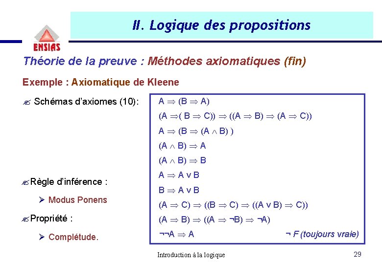 II. Logique des propositions Théorie de la preuve : Méthodes axiomatiques (fin) Exemple : II. Logique des propositions Théorie de la preuve : Méthodes axiomatiques (fin) Exemple :