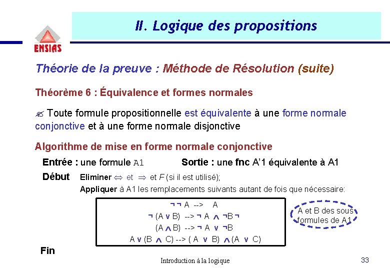 II. Logique des propositions Théorie de la preuve : Méthode de Résolution (suite) Théorème II. Logique des propositions Théorie de la preuve : Méthode de Résolution (suite) Théorème