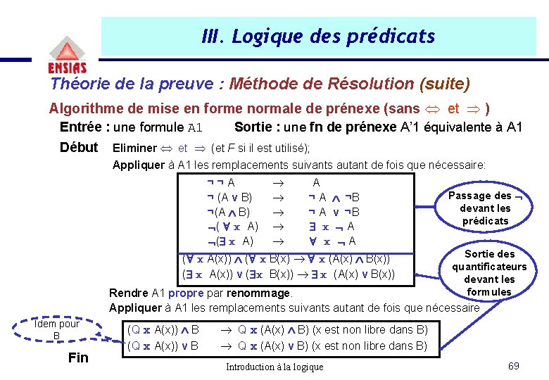 III. Logique des prédicats Théorie de la preuve : Méthode de Résolution (suite) Algorithme III. Logique des prédicats Théorie de la preuve : Méthode de Résolution (suite) Algorithme