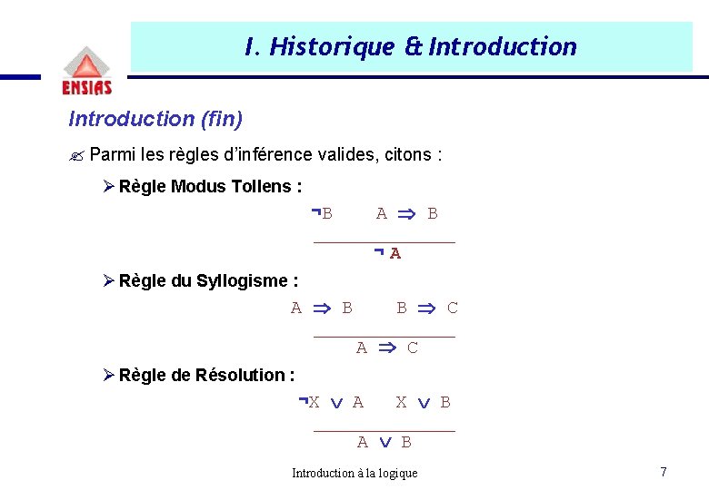 I. Historique & Introduction (fin) ? Parmi les règles d’inférence valides, citons : Ø I. Historique & Introduction (fin) ? Parmi les règles d’inférence valides, citons : Ø
