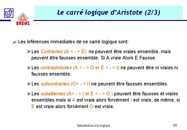 Le carré logique d’Aristote (2/3) ? Les inférences immédiates de ce carré logique sont: Le carré logique d’Aristote (2/3) ? Les inférences immédiates de ce carré logique sont: