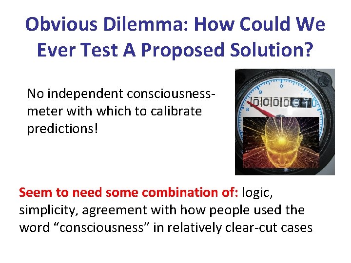 Obvious Dilemma: How Could We Ever Test A Proposed Solution? No independent consciousnessmeter with