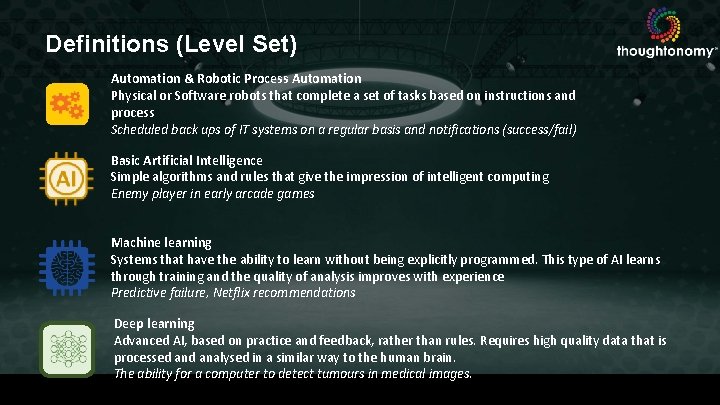 Definitions (Level Set) Automation & Robotic Process Automation Physical or Software robots that complete