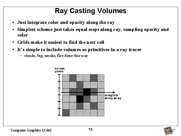 Ray Casting Volumes • Just integrate color and opacity along the ray • Simplest