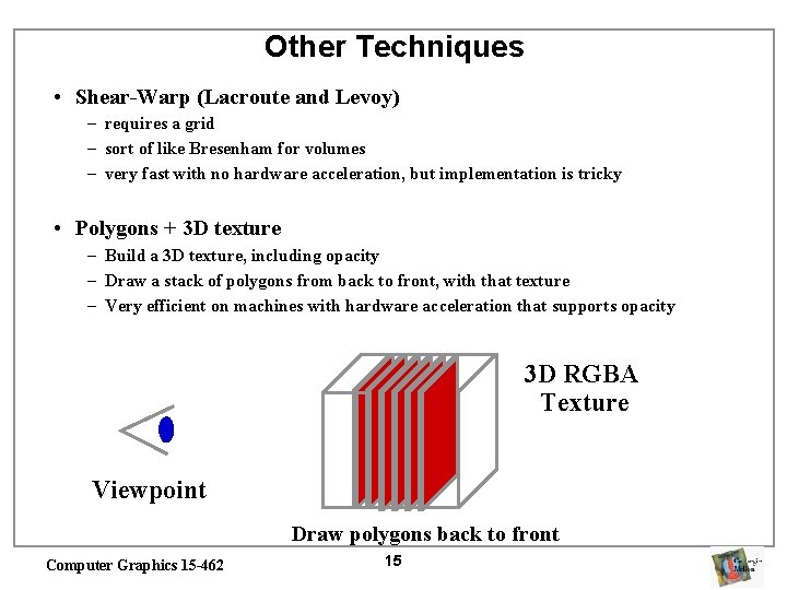 Other Techniques • Shear-Warp (Lacroute and Levoy) – requires a grid – sort of