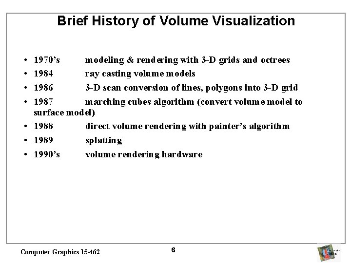 Brief History of Volume Visualization • • 1970’s modeling & rendering with 3 -D