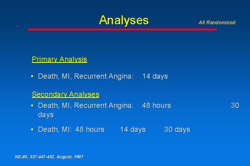 Analyses All Randomized Primary Analysis • Death, MI, Recurrent Angina: 14 days Secondary Analyses Analyses All Randomized Primary Analysis • Death, MI, Recurrent Angina: 14 days Secondary Analyses