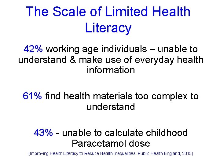 The Scale of Limited Health Literacy 42% working age individuals – unable to understand