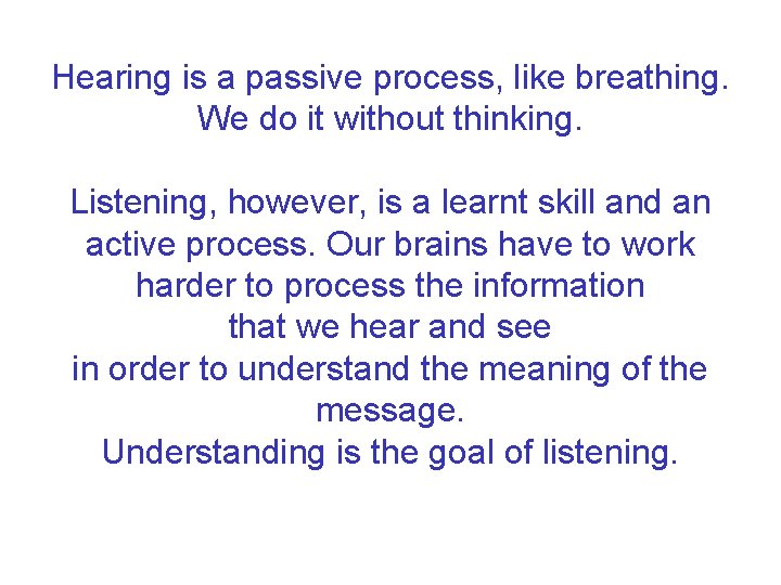 Hearing is a passive process, like breathing. We do it without thinking. Listening, however,