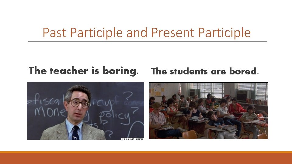 Past Participle and Present Participle The teacher is boring. The students are bored. 