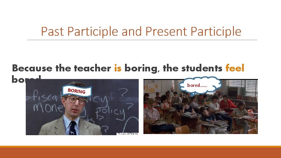 Past Participle and Present Participle Because the teacher is boring, the students feel bored……