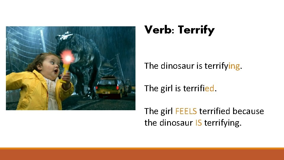 Verb: Terrify The dinosaur is terrifying. The girl is terrified. The girl FEELS terrified