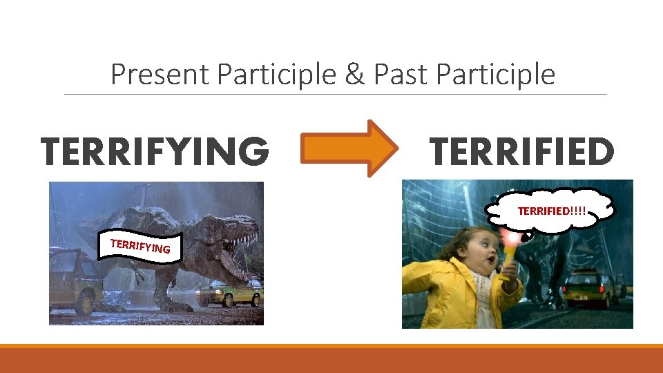 Present Participle & Past Participle TERRIFYING TERRIFIED!!!! TERRIFYIN G 