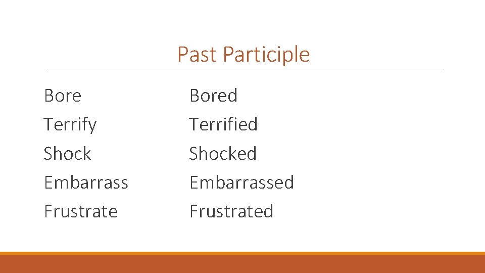 Past Participle Bore Terrify Shock Embarrass Frustrate Bored Terrified Shocked Embarrassed Frustrated 