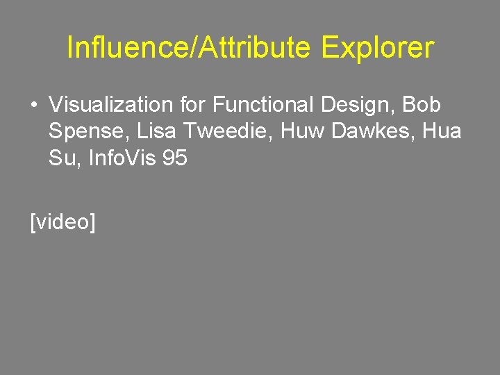 Influence/Attribute Explorer • Visualization for Functional Design, Bob Spense, Lisa Tweedie, Huw Dawkes, Hua