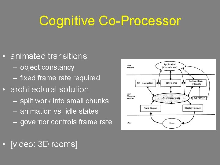 Cognitive Co-Processor • animated transitions – object constancy – fixed frame rate required •