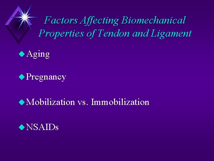 Factors Affecting Biomechanical Properties of Tendon and Ligament u Aging u Pregnancy u Mobilization