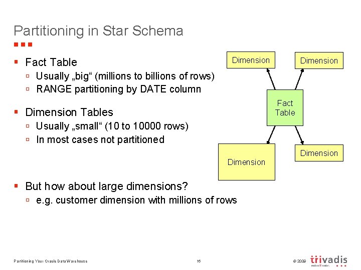 Partitioning in Star Schema Dimension § Fact Table Dimension ú Usually „big“ (millions to