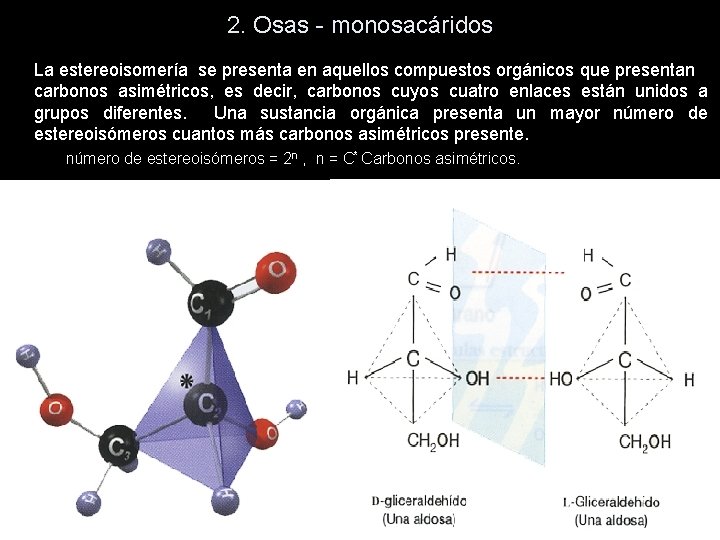 2. Osas - monosacáridos La estereoisomería se presenta en aquellos compuestos orgánicos que presentan 2. Osas - monosacáridos La estereoisomería se presenta en aquellos compuestos orgánicos que presentan