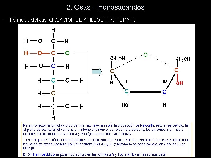 2. Osas - monosacáridos • Fórmulas cíclicas: CICLACIÓN DE ANILLOS TIPO FURANO 2. Osas - monosacáridos • Fórmulas cíclicas: CICLACIÓN DE ANILLOS TIPO FURANO