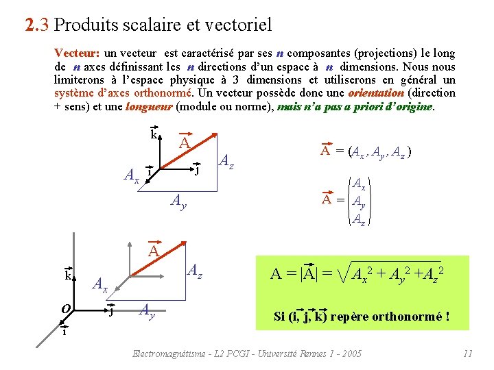 2. 3 Produits scalaire et vectoriel Vecteur: un vecteur est caractérisé par ses n