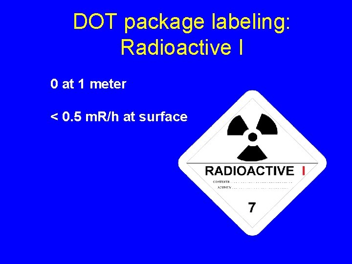 DOT package labeling: Radioactive I 0 at 1 meter < 0. 5 m. R/h