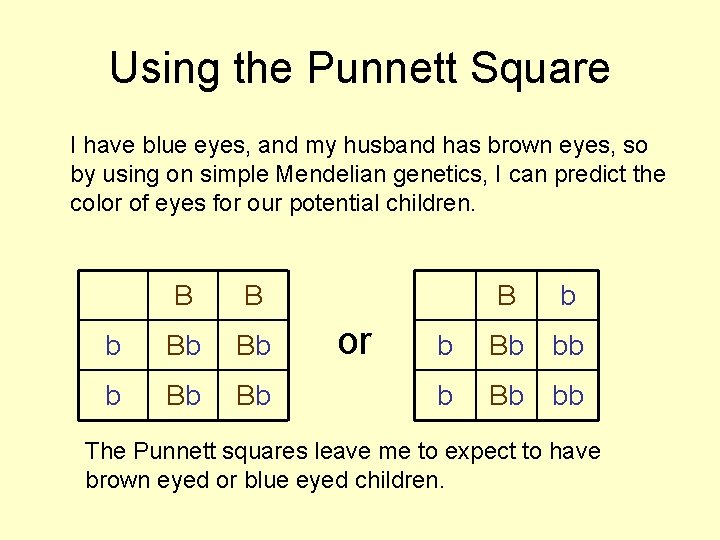 Using the Punnett Square I have blue eyes, and my husband has brown eyes,