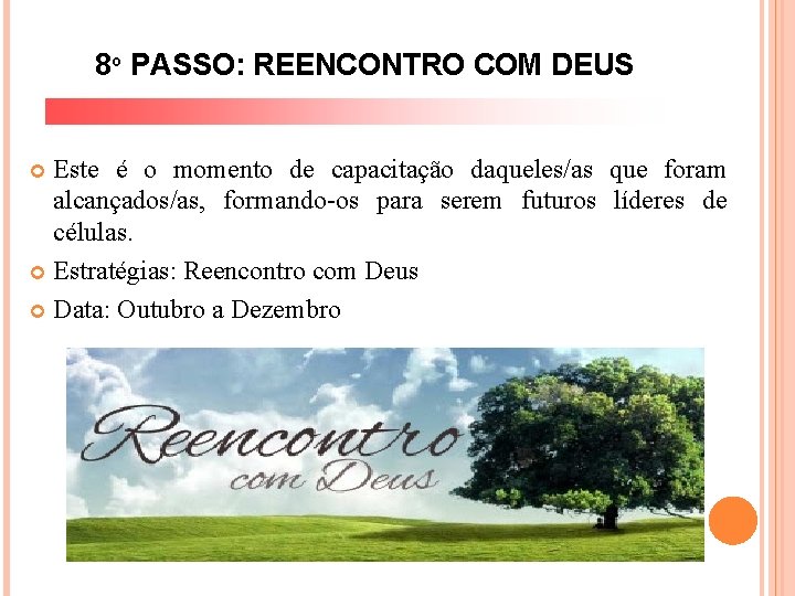 8º PASSO: REENCONTRO COM DEUS Este é o momento de capacitação daqueles/as que foram