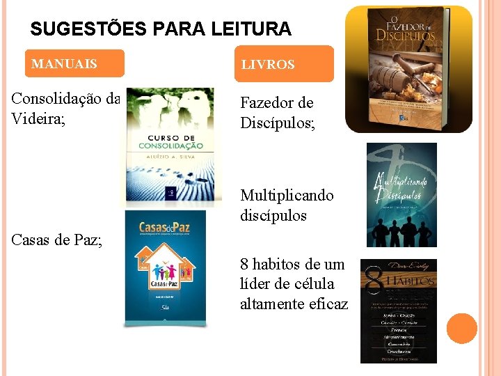 SUGESTÕES PARA LEITURA MANUAIS Consolidação da Videira; LIVROS Fazedor de Discípulos; Multiplicando discípulos Casas