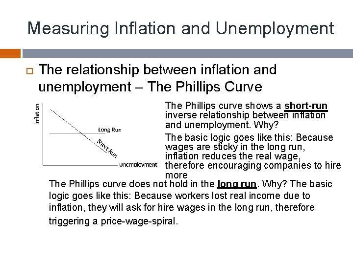 Measuring Inflation and Unemployment The relationship between inflation and unemployment – The Phillips Curve