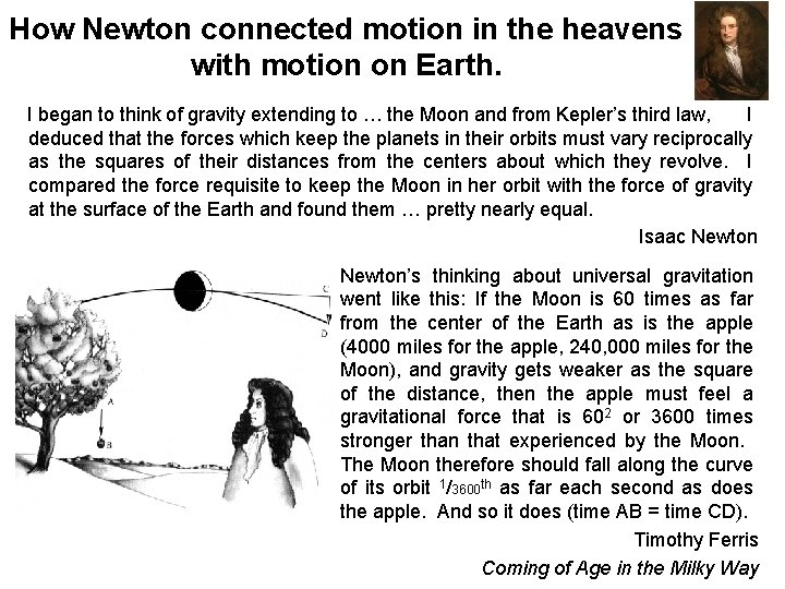 How Newton connected motion in the heavens with motion on Earth. I began to