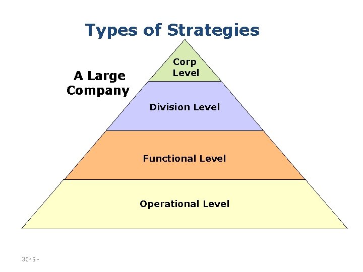 Types of Strategies A Large Company Corp Level Division Level Functional Level Operational Level