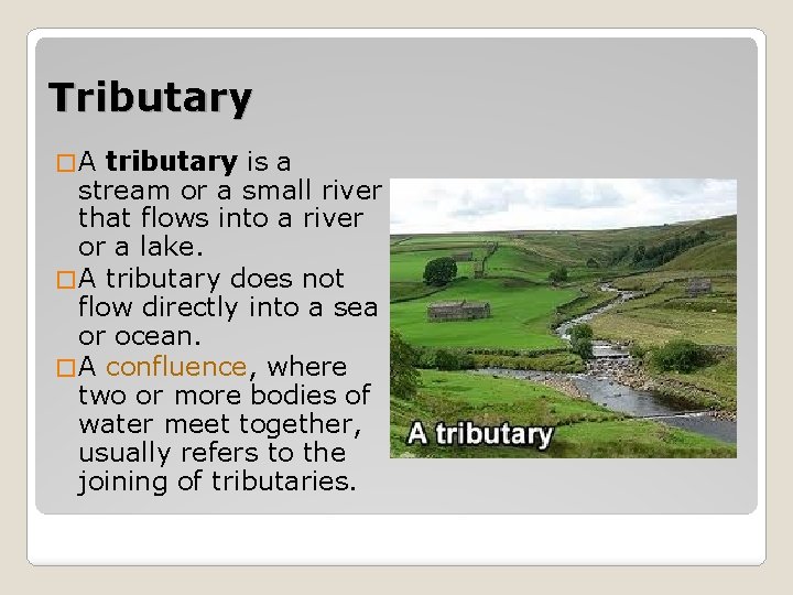 Tributary �A tributary is a stream or a small river that flows into a Tributary �A tributary is a stream or a small river that flows into a