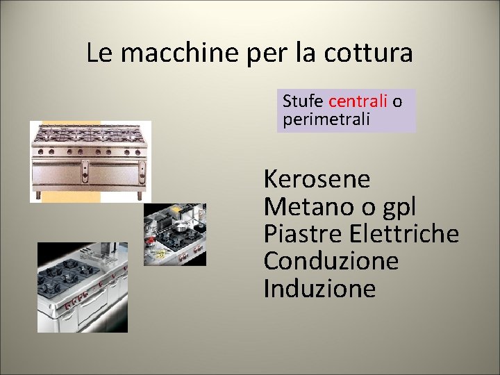 Le macchine per la cottura Stufe centrali o perimetrali Kerosene Metano o gpl Piastre