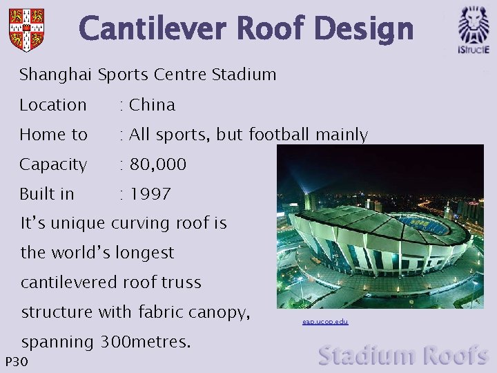 Cantilever Roof Design Shanghai Sports Centre Stadium Location : China Home to : All