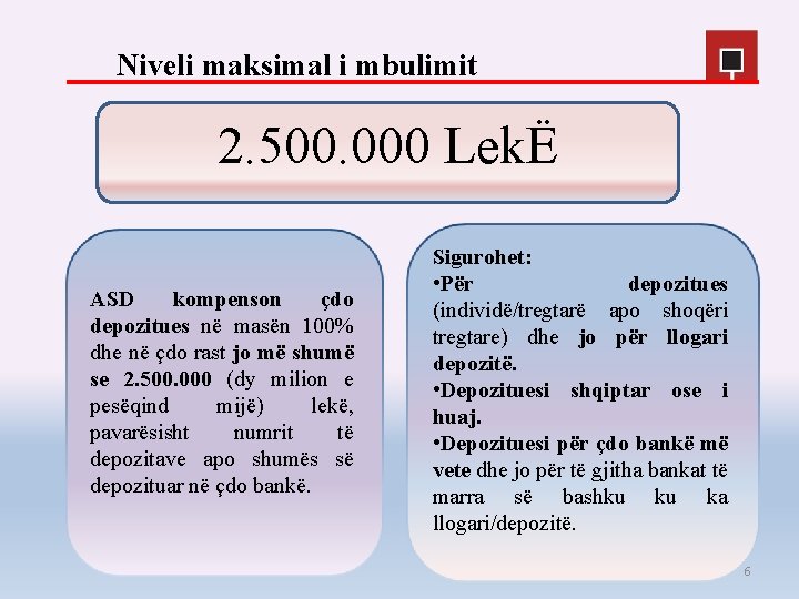 Niveli maksimal i mbulimit 2. 500. 000 LekË ASD kompenson çdo depozitues në masën