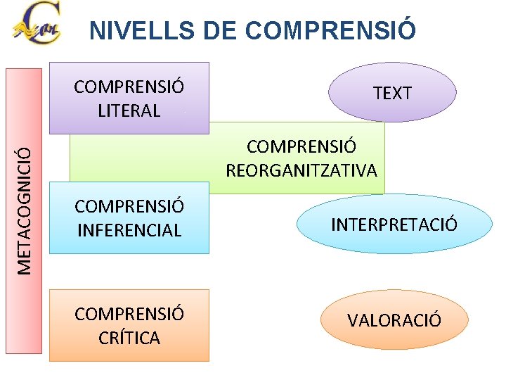 NIVELLS DE COMPRENSIÓ METACOGNICIÓ COMPRENSIÓ LITERAL TEXT COMPRENSIÓ REORGANITZATIVA COMPRENSIÓ INFERENCIAL INTERPRETACIÓ COMPRENSIÓ CRÍTICA