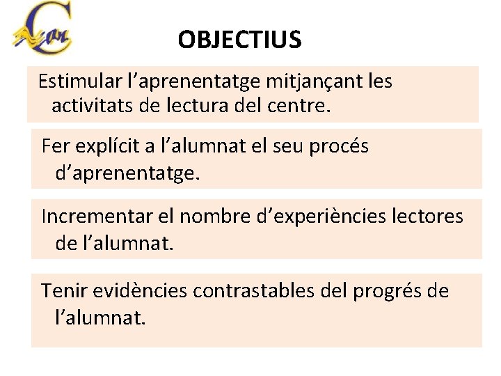 OBJECTIUS Estimular l’aprenentatge mitjançant les activitats de lectura del centre. Fer explícit a l’alumnat