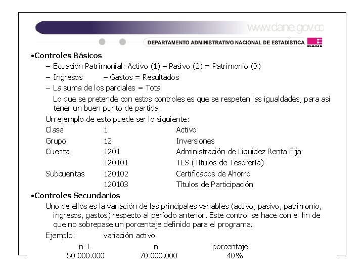 • Controles Básicos – Ecuación Patrimonial: Activo (1) – Pasivo (2) = Patrimonio • Controles Básicos – Ecuación Patrimonial: Activo (1) – Pasivo (2) = Patrimonio