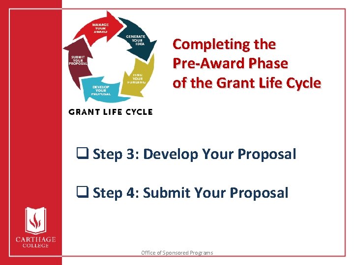 Completing the Pre-Award Phase of the Grant Life Cycle q Step 3: Develop Your