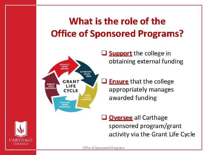 What is the role of the Office of Sponsored Programs? q Support the college